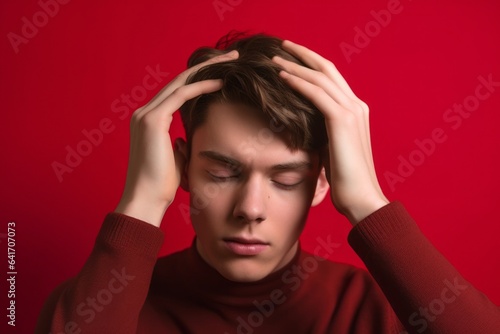 Lifestyle portrait photography of a tender boy in his 20s holding the hand on the forehead in a headache gesture against a ruby red background. With generative AI technology