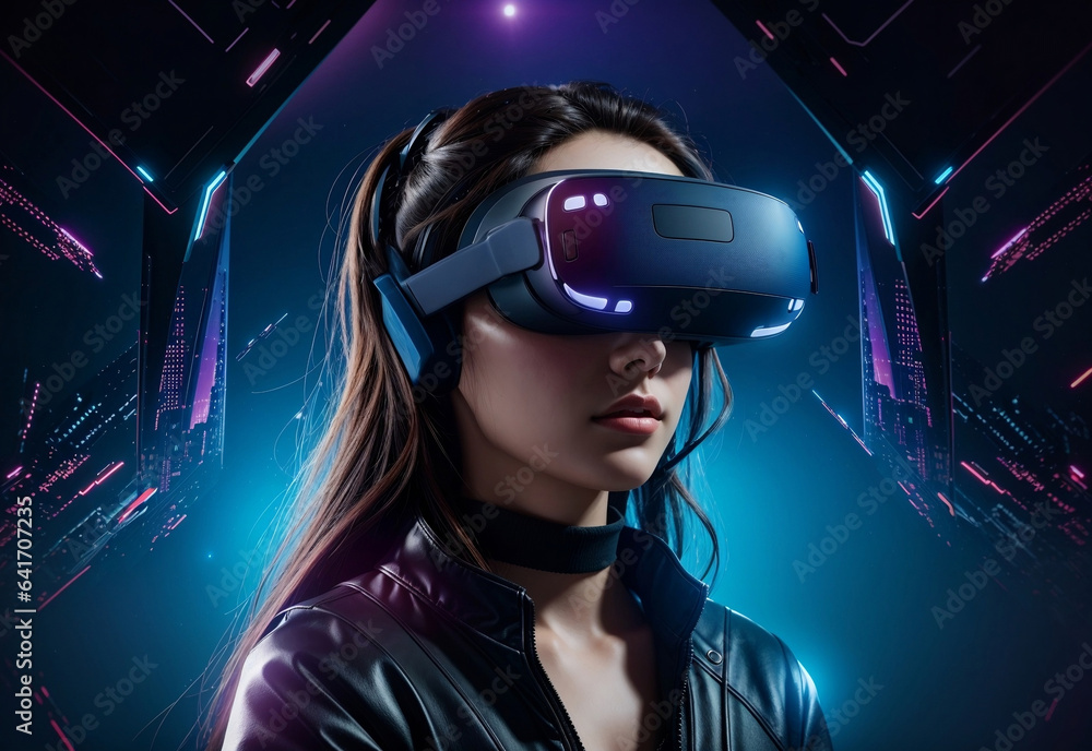 Woman exploring the digital world wearing a virtual reality headset in a digital background, generative AI Woman exploring the digital world wearing a virtual reality headset in a digital background, generative AI