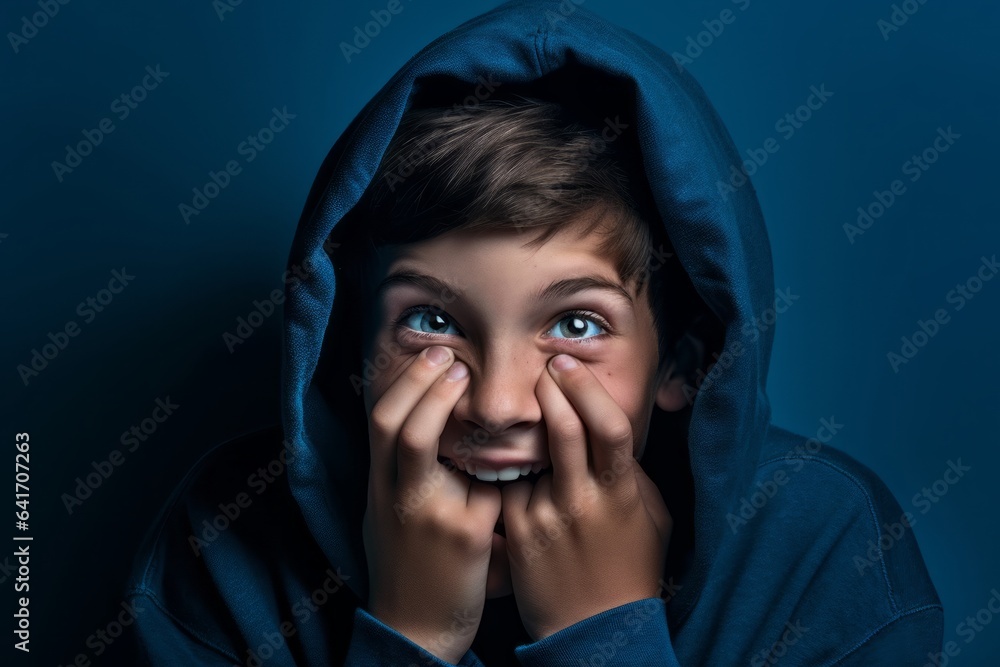 Headshot portrait photography of a joyful kid male covering his mouth against a sapphire blue background. With generative AI technology Headshot portrait photography of a joyful kid male covering his mouth against a sapphire blue background. With generative AI technology