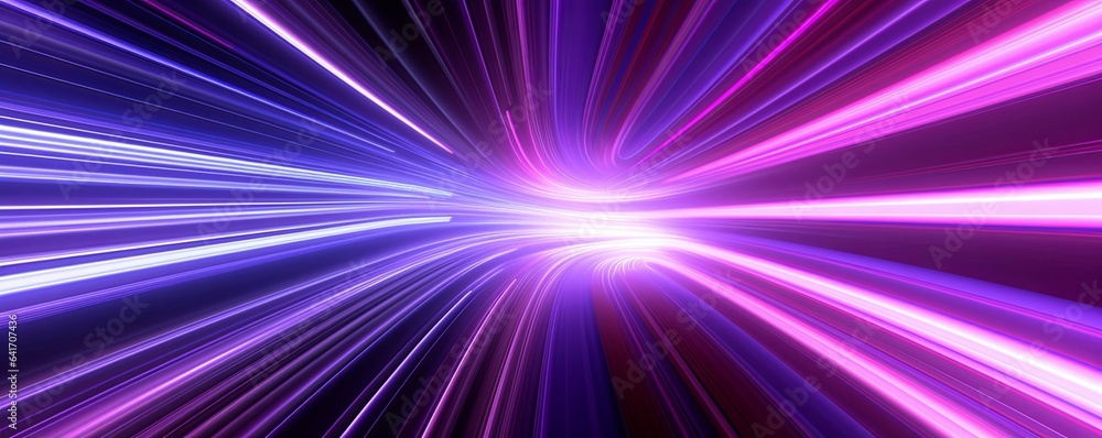 Fototapeta premium 3d render, abstract panoramic background with tunnel turn. Bright purple pink neon rays and lines glowing in ultraviolet light, Generative AI