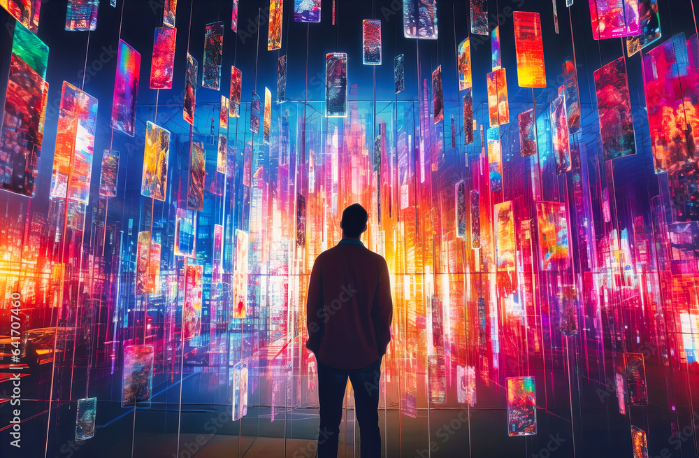 Against a backdrop of brilliantly lit images depicting people, one individual stands, symbolizing the dynamic spectrum of human connections. Against a backdrop of brilliantly lit images depicting people, one individual stands, symbolizing the dynamic spectrum of human connections.