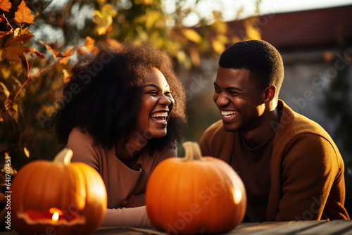 A smiling couple of African Americans, sitting in the yard during Halloween