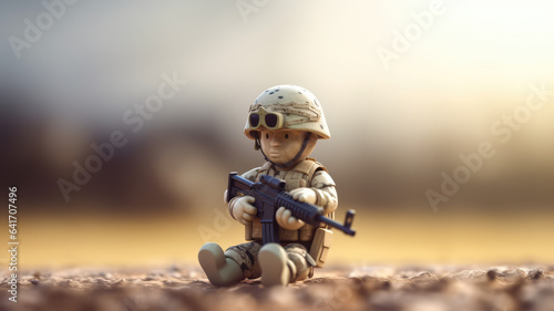 3d cute soldier mascot character wears helmet holds assault rifle in one hand on blurred war zone background. 