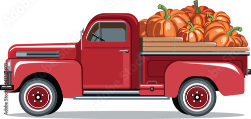 Pumpkins in a red pickup truck