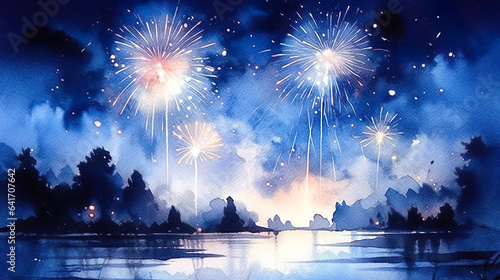 花火大会の水彩画風景