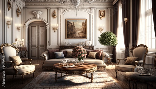 Bright luxurious royal living room with elegant furnitures  giant windows and antique chandelier