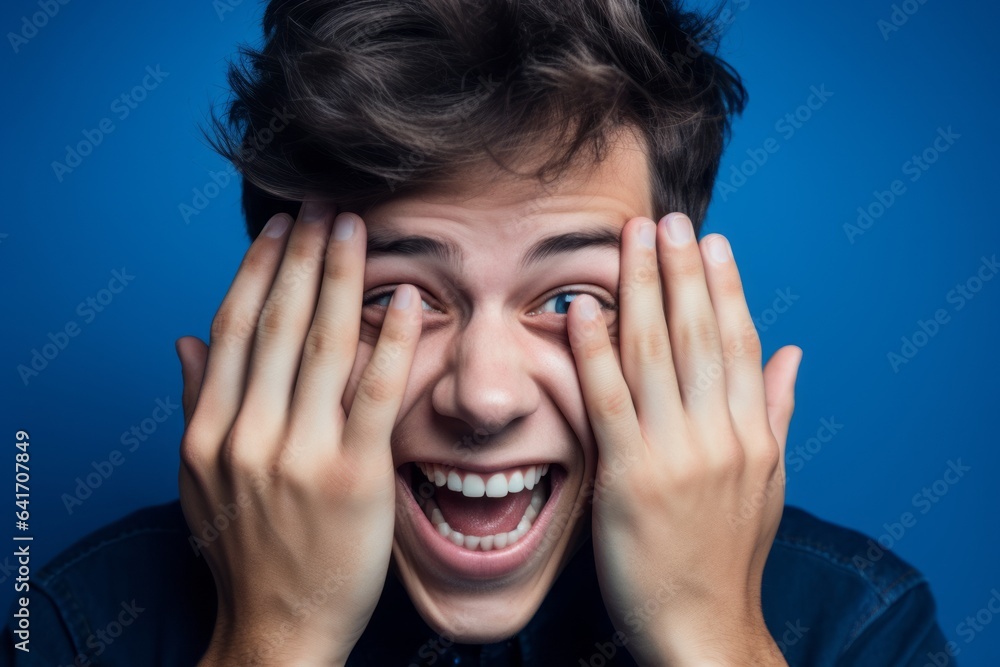 Headshot portrait photography of a grinning boy in his 20s putting hands on the face in a gesture of terror against a sapphire blue background. With generative AI technology Headshot portrait photography of a grinning boy in his 20s putting hands on the face in a gesture of terror against a sapphire blue background. With generative AI technology