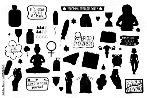 Silhouette feminine hygiene products collection with lettering. Menstruation period woman.