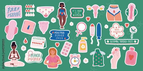 Stickers feminine hygiene products collection hand drawn style and lettering. Menstruation period woman. Female characters  and calendar