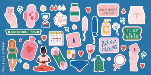 Feminine stickers hygiene products collection hand drawn style and lettering. Menstruation period woman. Female characters