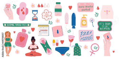 Feminine hygiene products collection hand drawn style and lettering. Menstruation period woman. Female characters