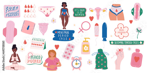 Feminine hygiene products collection hand drawn style and lettering. Menstruation period woman. Female characters  and calendar