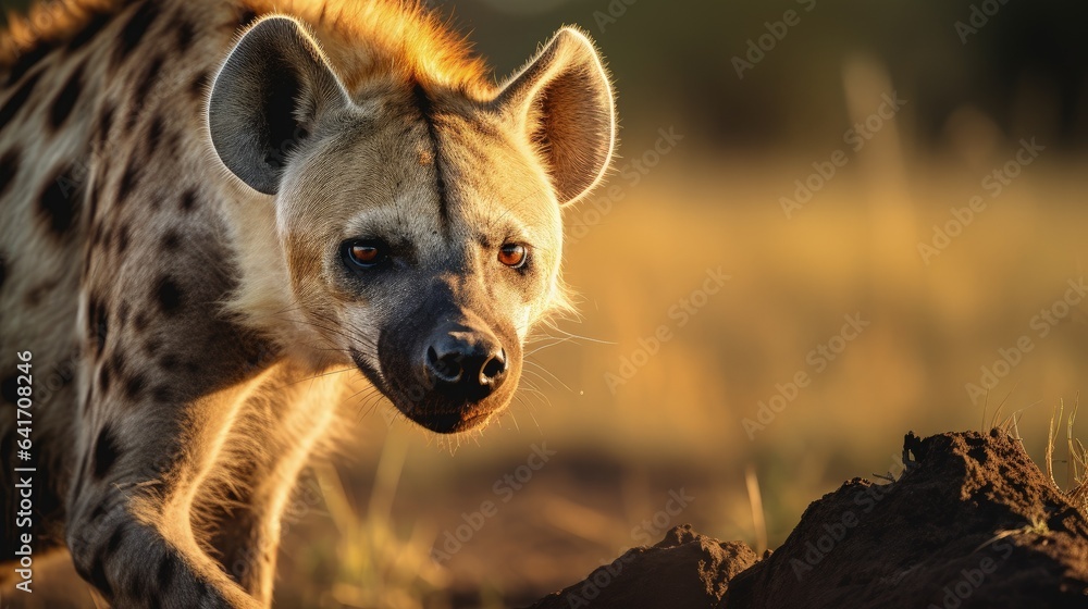 Obraz premium Close up portrait of a standing hyena in the african savanna during a safari tour at natural sunlight