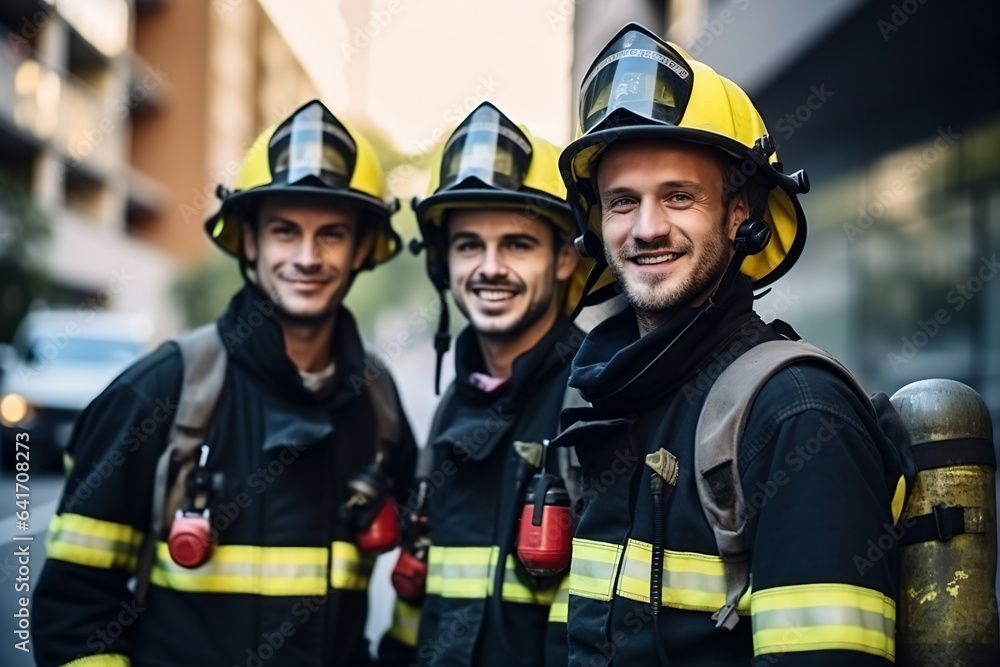 Portrait of confident firefighters standing in front of their truck wearing their gear in the city Portrait of confident firefighters standing in front of their truck wearing their gear in the city