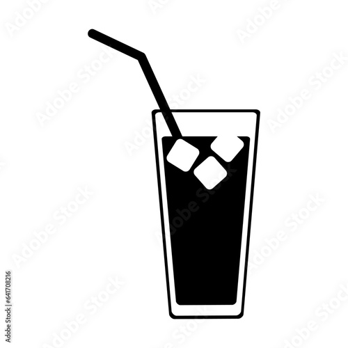 Black silhouette of cold carbonated drink isolated on white. Glass cup with ice cubes and drinking straw cartoon illustration. Summer, beach holidays concept. Simple black and white vector