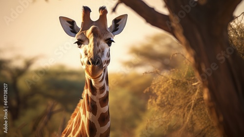 Close up portrait of a giraffe head in the african savanna at natural sunlight