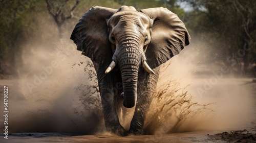 African elephant running through the water in a river in africa during a safari © Flowal93