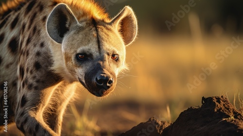 Vászonkép Close up portrait of a standing hyena in the african savanna during a safari tou