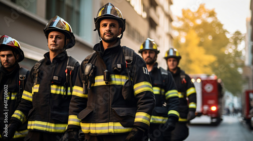 Portrait of group firefighters standing wearing their gear in the city © AspctStyle