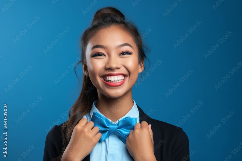 Headshot portrait photography of a grinning girl in her 20s making a formal greeting gesture with a bow against a cerulean blue background. With generative AI technology Headshot portrait photography of a grinning girl in her 20s making a formal greeting gesture with a bow against a cerulean blue background. With generative AI technology