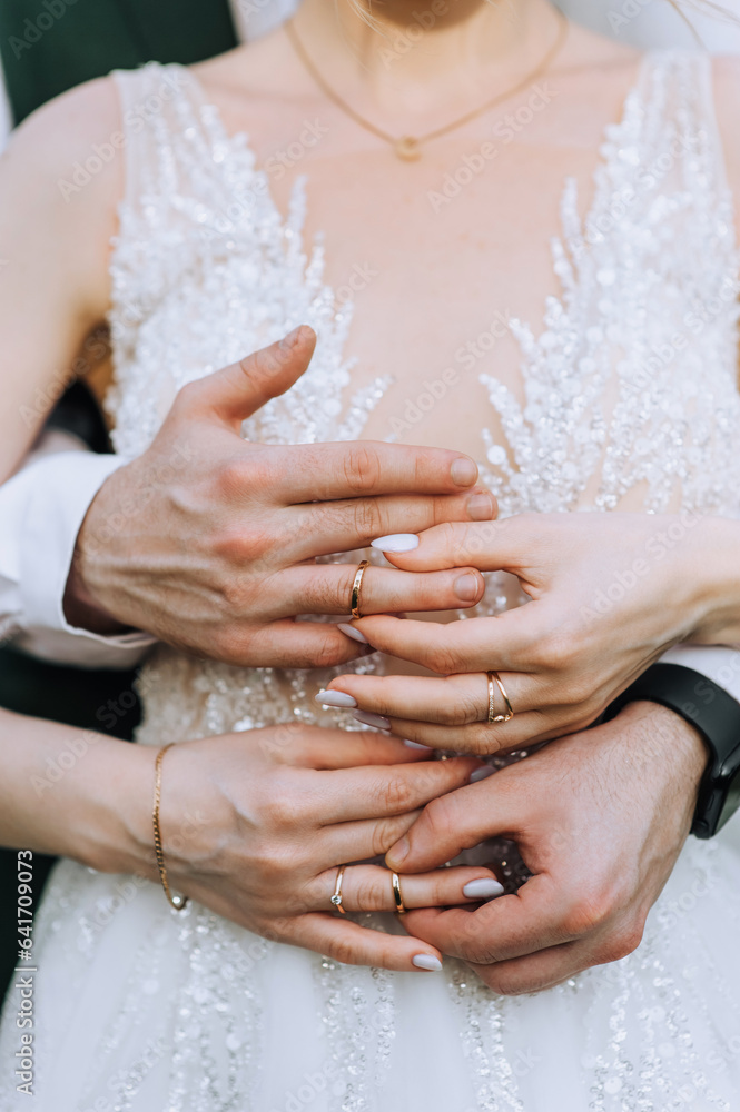 The bride and groom put gold rings on each other's fingers at the ceremony. Wedding photography of the newlyweds, close-up portrait. The bride and groom put gold rings on each other's fingers at the ceremony. Wedding photography of the newlyweds, close-up portrait.