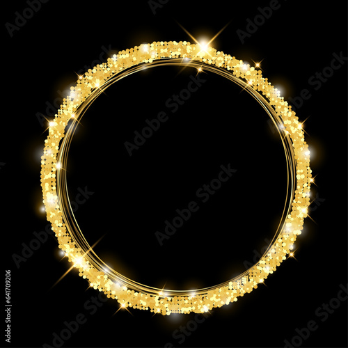 Vector template of shining gold circle  frame round with glitter for Christmas celebration party, New Year card, wedding, bachelorette party, baby shower party, logo. Vector illustration