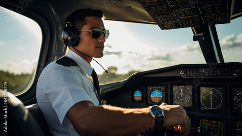 Portrait of handsome male pilot sitting in cockpit of airplane, Attractive airplane pilot smiling looking at camera in cabin © AspctStyle