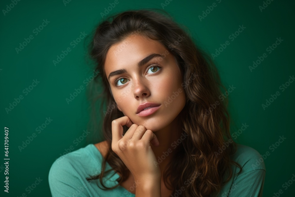 Close-up portrait photography of a beautiful girl in her 20s putting the hand on the chin as if thinking against a spearmint green background. With generative AI technology Close-up portrait photography of a beautiful girl in her 20s putting the hand on the chin as if thinking against a spearmint green background. With generative AI technology