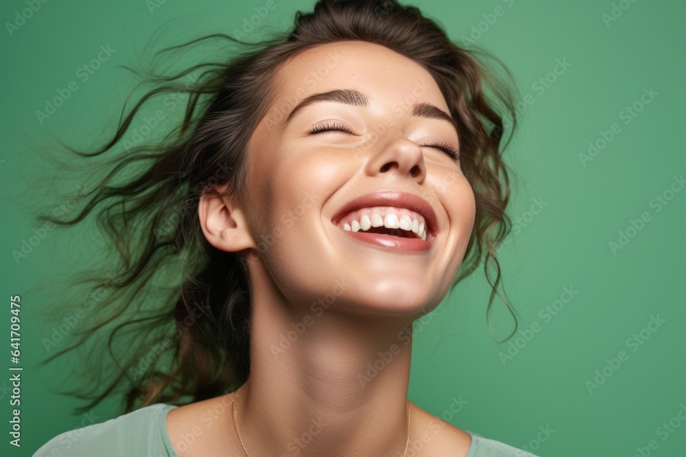 Close-up portrait photography of a joyful girl in her 20s winking against a spearmint green background. With generative AI technology Close-up portrait photography of a joyful girl in her 20s winking against a spearmint green background. With generative AI technology
