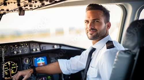 Portrait of handsome male pilot sitting in cockpit of airplane, Attractive smiling male pilot looking at camera photo