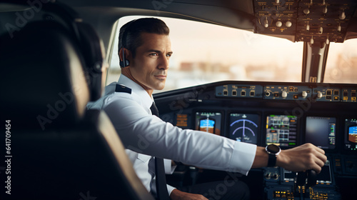 Portrait of handsome male pilot sitting in cockpit of airplane, Attractive smiling male pilot looking at camera © AspctStyle