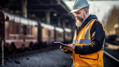 Industrial Engineer Using Tablet to Inspect Railway Track © Tony A
