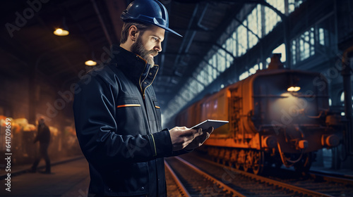 Industrial Engineer Using Tablet to Inspect Railway Track