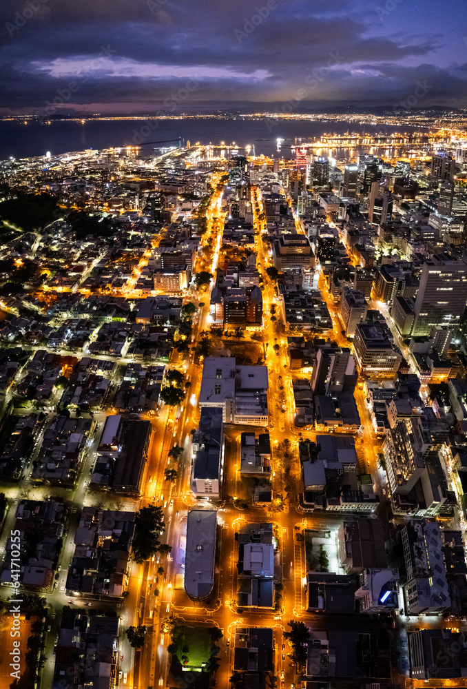 Aerial view of Cape Town city centre at night in Western Cape, South Africa