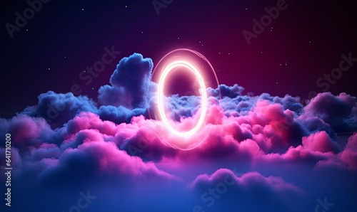 3d render, neon linear number zero and colorful cloud glowing with pink blue neon light, abstract fantasy background, Generative AI photo