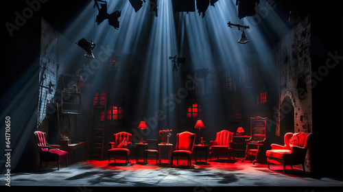 Eerie shadows cast by stage props under dim overhead lights, setting a mood of suspense