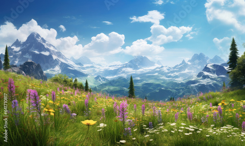 Idyllic alpine meadow filled with colorful wildflowers, with towering mountains as a backdrop. Created by AI tools