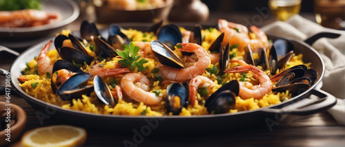 Rice with mussels and shrimps. Generative AI.