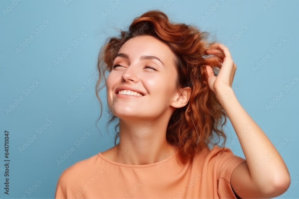 Medium shot portrait photography of a joyful girl in her 30s putting the hand on the forehead to look for someone in the distance against a periwinkle blue background. With generative AI technology Medium shot portrait photography of a joyful girl in her 30s putting the hand on the forehead to look for someone in the distance against a periwinkle blue background. With generative AI technology