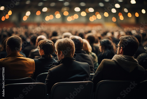 Speaker at Business Conference and Presentation. Audience in the conference hall. Rear view of unrecognizable people in audience.