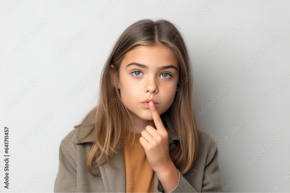 Medium shot portrait photography of a tender kid female making a gesture of silence with his finger on his lips. With generative AI technology Medium shot portrait photography of a tender kid female making a gesture of silence with his finger on his lips. With generative AI technology
