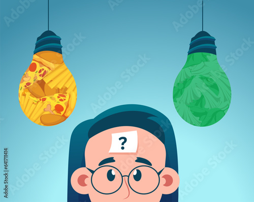 Vector of a woman in glasses question mark on forehead thinking looking up at junk food and green vegetables shaped as light bulb