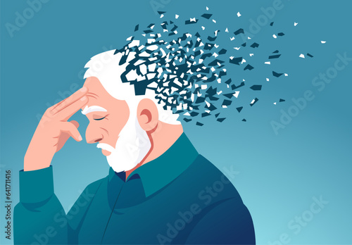 Vector of a senior man losing parts of head as symbol of decreased brain function