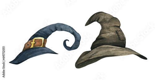 Set of Witch hats. Autumn holidays, Halloween concept. Watercolor illustration