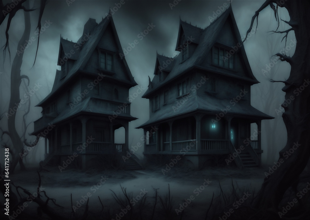 Creepy haunted house with weathered, vintage look for Halloween and other spooky occasions.