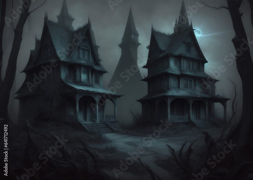 Creepy haunted house with weathered, vintage look for Halloween and other spooky occasions.