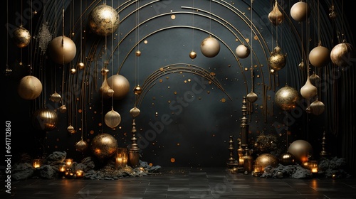 christmas background with christmas decorations, star, snowflake, gold and black confetti