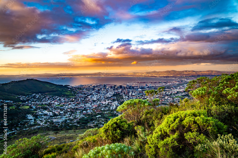 View of Cape Town from Kloof Corner hike at sunset in Cape Town, western Cape, South Africa
