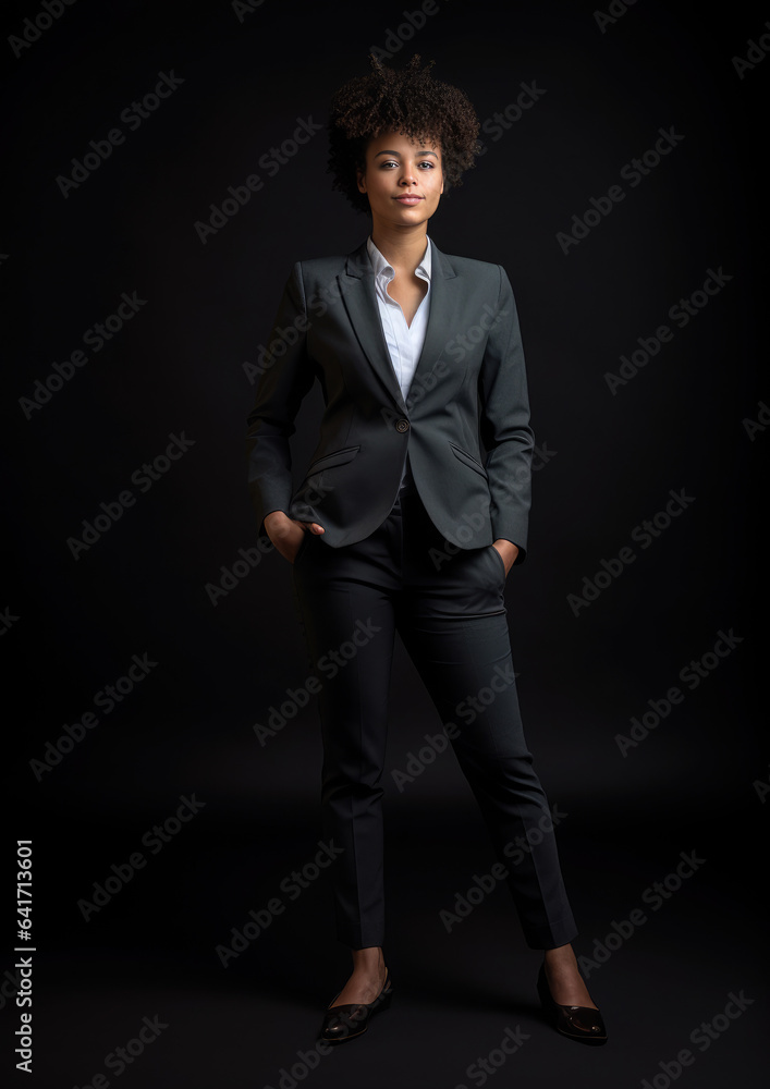 Generative AI, beautiful young black girl in a business suit, jacket and trousers on a dark background, african american businesswoman, boss, place for text, successful woman, office dress code Generative AI, beautiful young black girl in a business suit, jacket and trousers on a dark background, african american businesswoman, boss, place for text, successful woman, office dress code