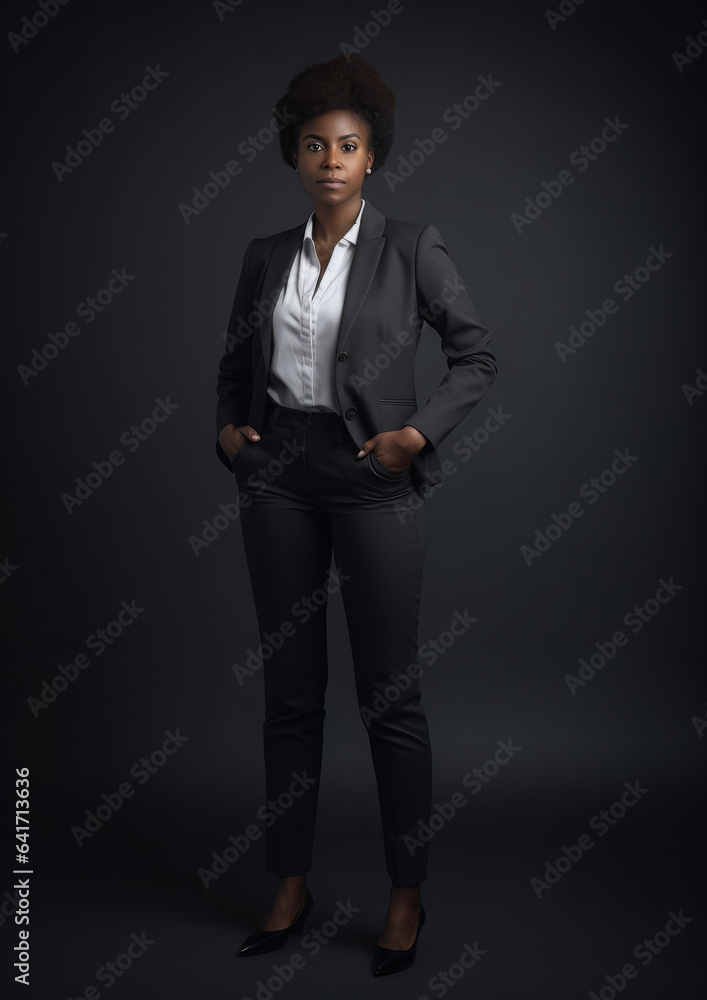 Generative AI, beautiful young black girl in a business suit, jacket and trousers on a dark background, african american businesswoman, boss, place for text, successful woman, office dress code Generative AI, beautiful young black girl in a business suit, jacket and trousers on a dark background, african american businesswoman, boss, place for text, successful woman, office dress code